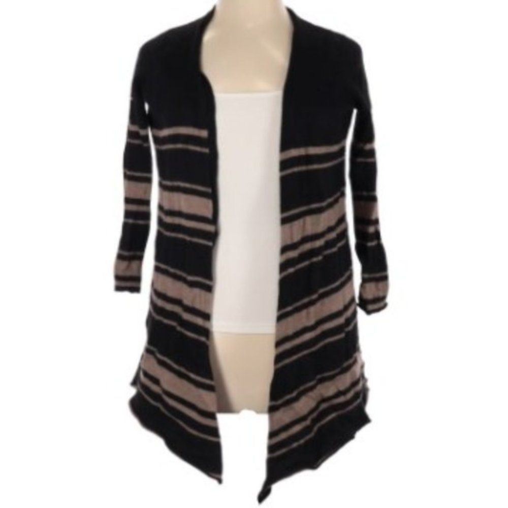 Tahari 100% Wool Stripe Open Cardigan Sweater Assymetrical Tan Black Medium  3/4